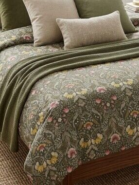 IKEA Olive Green Floral Bedding with Pink & Yellow Blooms
